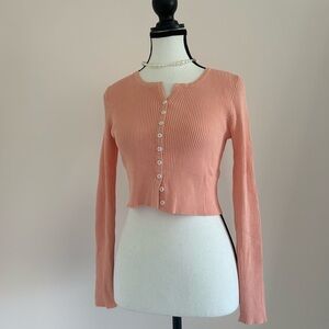 Peach Ribbed Button-Down Cropped Cardigan